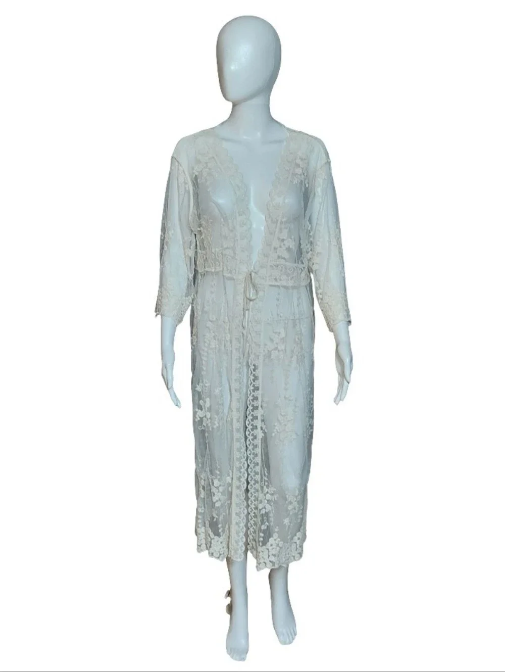 Thirty/Thirty LA Sheer Mesh Crochet Lace Kimono Tie Waist Cover Up
